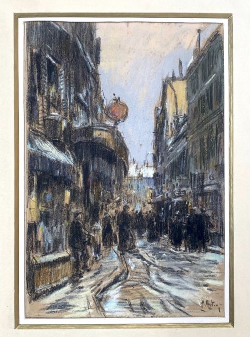 BUSTLING CITY STREET ON A COLD DAY CA 1920 DUTCH AUSTRALIAN PARIS CITYSCAPE PASTEL ON PAPER - ADDITIONAL PHOTO 2