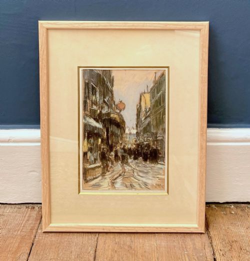 BUSTLING CITY STREET ON A COLD DAY CA 1920 DUTCH AUSTRALIAN PARIS CITYSCAPE PASTEL ON PAPER - ADDITIONAL PHOTO 4