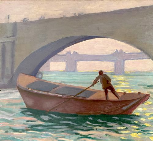 fig 1. Waterloo Bridge, London ca 1910: lone figure, the play of light on water oil on board painting 