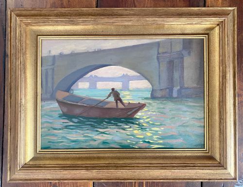 fig 2. Waterloo Bridge, London ca 1910: lone figure, the play of light on water oil on board painting 