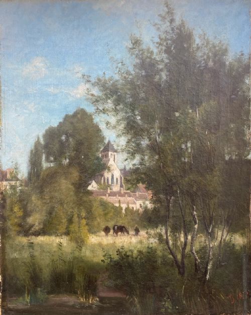 fig 1. Pastoral Scene at Auvers sur Oise, ca 1880 by Dutch friend of van Gogh's working in France Barbizon oil on canvas