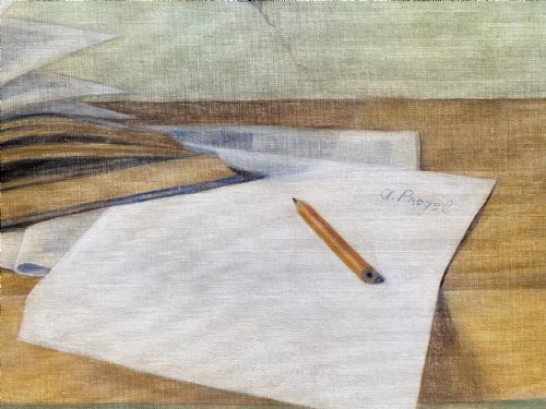 fig 2. Masterpiece: the blank page: a writer's still life, ca 1947 Russian avant garde woman artist in New York oil on canvas