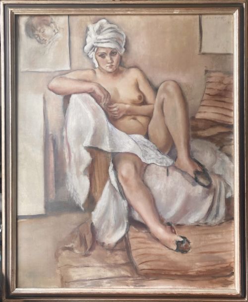 fig 1. An oil painting on canvas depicting a seated female nude wearing a white turban wrap in a muted studio setting.