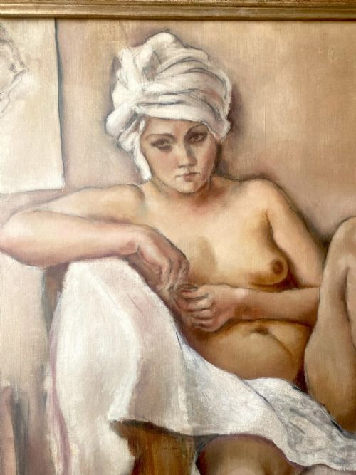 fig 2. An oil painting on canvas depicting a seated female nude wearing a white turban wrap in a muted studio setting.