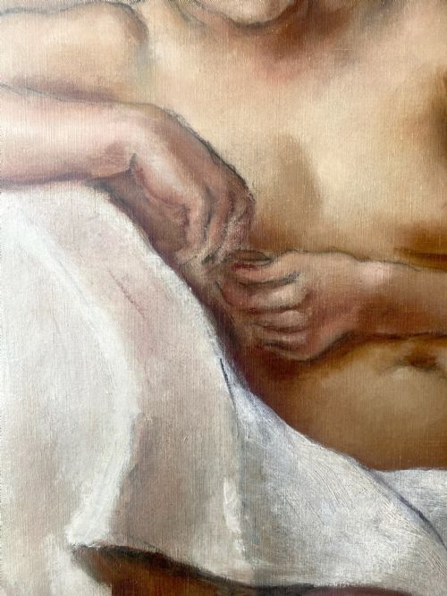 fig 4. An oil painting on canvas depicting a seated female nude wearing a white turban wrap in a muted studio setting.