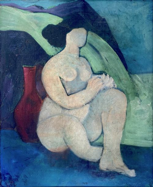A Sculptural, Abstracted Nude, Ca 1947 Lightly Cubist Modernist Oil on Canvas