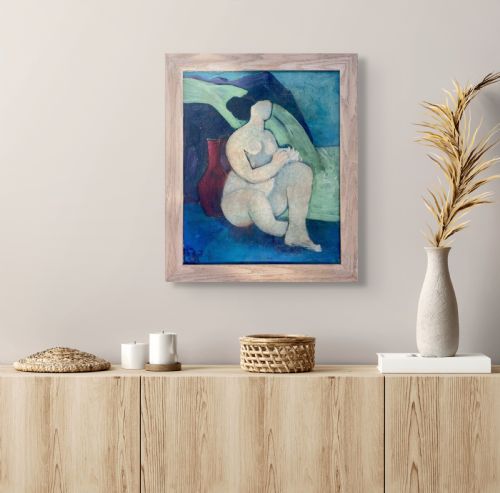 fig 1. A sculptural, abstracted nude, ca 1947 lightly cubist modernist oil on canvas