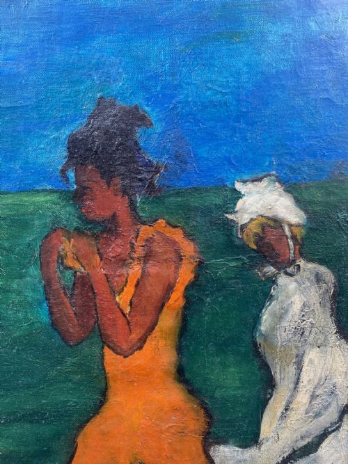 fig 1. An oil painting on canvas depicting three figures on a beach, including a photographer with a camera on a tripod, a figure in orange, and a figure in white, set against a green ocean and blue sky.