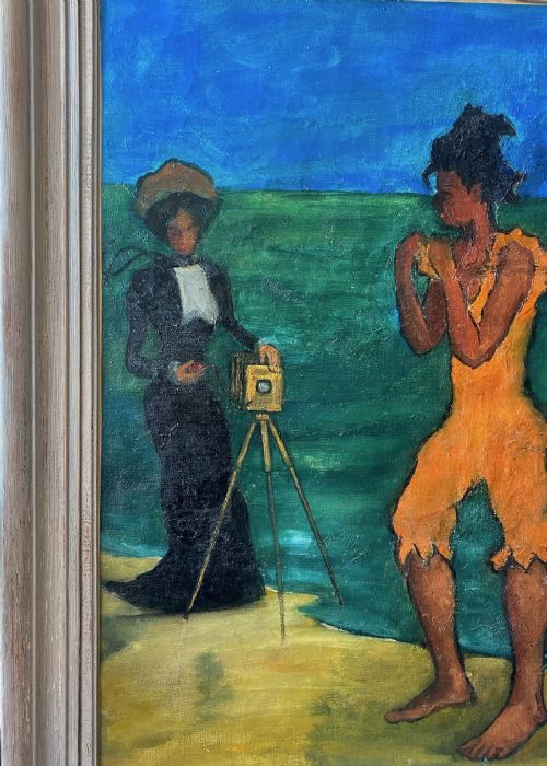 fig 2. An oil painting on canvas depicting three figures on a beach, including a photographer with a camera on a tripod, a figure in orange, and a figure in white, set against a green ocean and blue sky.