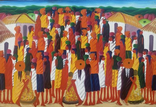 fig 3. Market Scene, ca 1960 Haitian Master Laurent Casimir bold and colourful naive outsider oil on canvas