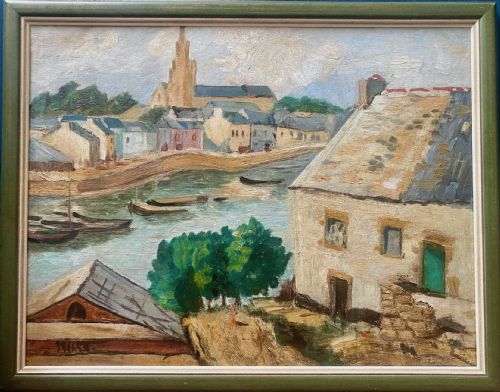 fig 2. A Post-Impressionist oil painting depicting a harbour town with white houses, green trees, boats on water, and a tall church spire in the background.