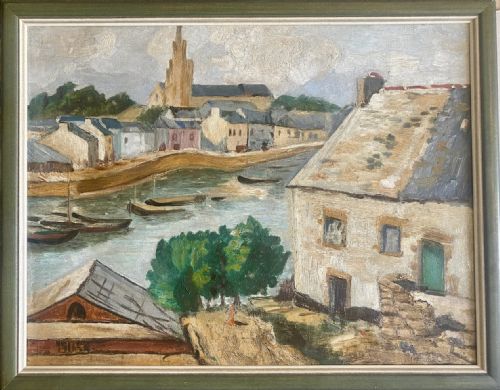 fig 3. A Post-Impressionist oil painting depicting a harbour town with white houses, green trees, boats on water, and a tall church spire in the background.