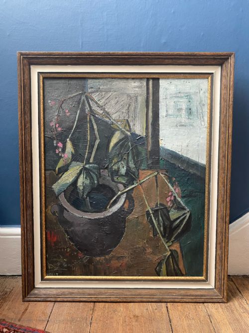 fig 1. An abstract mid-century oil painting on canvas depicting a potted plant with unfurling leaves in muted grey, brown, and green tones.
