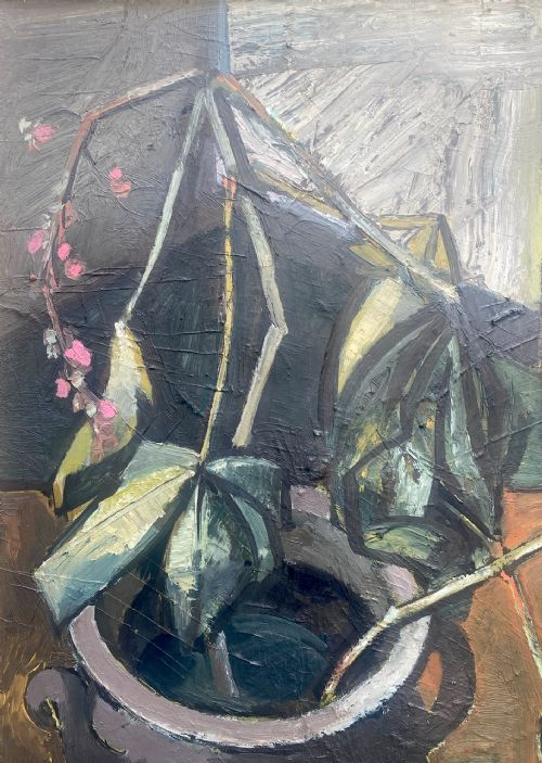 fig 2. An abstract mid-century oil painting on canvas depicting a potted plant with unfurling leaves in muted grey, brown, and green tones.