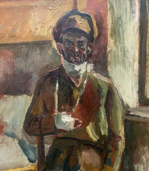 fig 1. An oil on board painting dated 1943 depicting a seated soldier with bandages around his neck and arm inside a room.