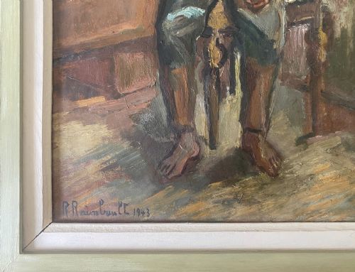fig 2. An oil on board painting dated 1943 depicting a seated soldier with bandages around his neck and arm inside a room.