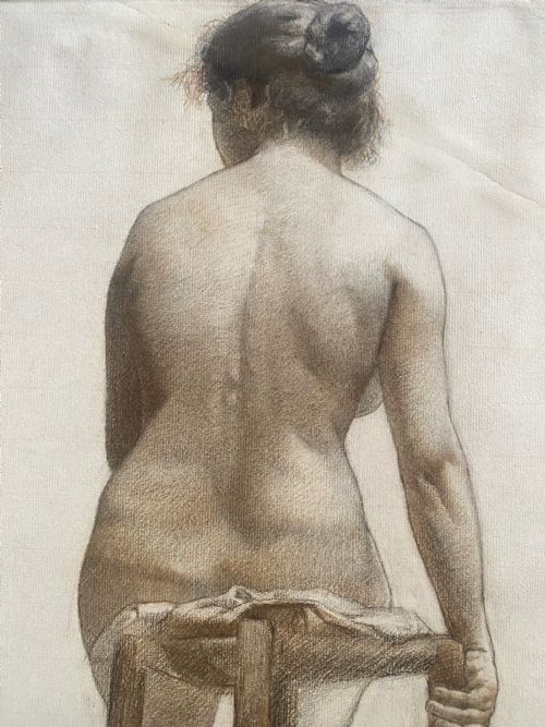 fig 2. The artist's model, ca 1898, seated nude, charcoal and red chalk master drawing