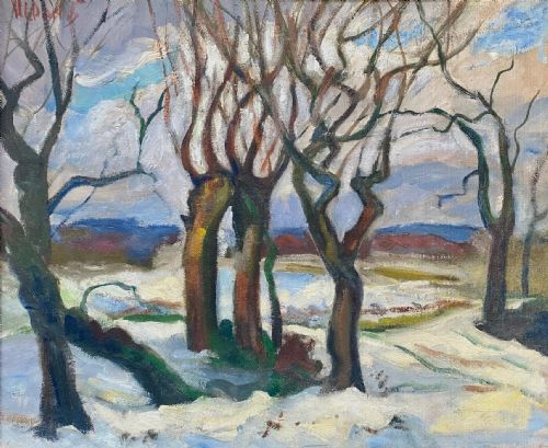 Fauve Trees in Winter, Colourist Snow Scene, Ca 1934, Woman Artist Art Deco Period Oil on Board