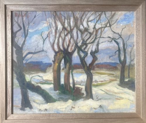 fig 1. Fauve trees in winter, colourist snow scene, ca 1934, woman artist art deco period oil on board