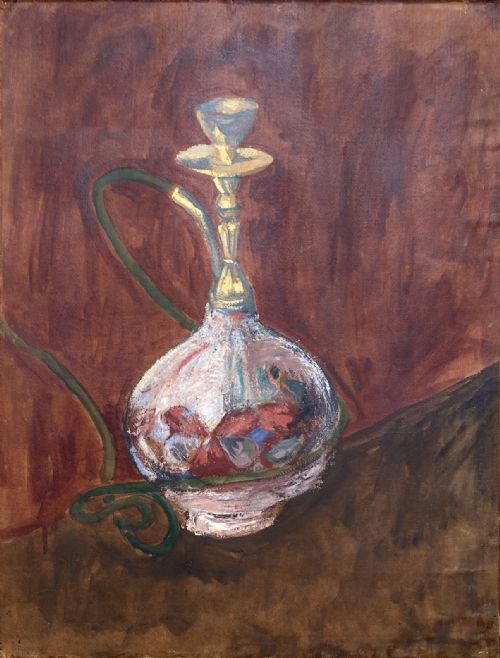 fig 1. A framed 1922 encaustic canvas painting depicting a detailed waterpipe resting on a warm brown background.