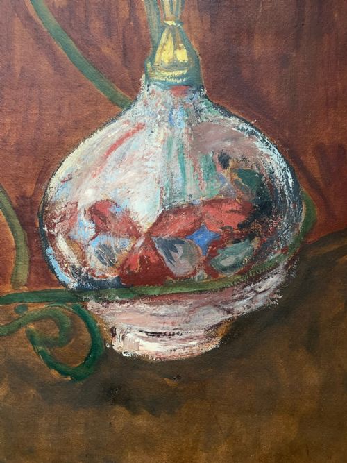 fig 5. A framed 1922 encaustic canvas painting depicting a detailed waterpipe resting on a warm brown background.