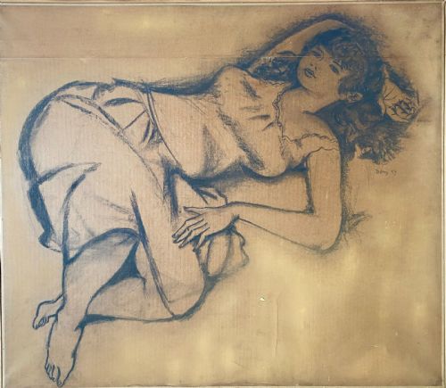 fig 1. Summer Siesta 1959 New Wave period large drawing relaxed young woman daydreaming charcoal on paper on canvas drawing