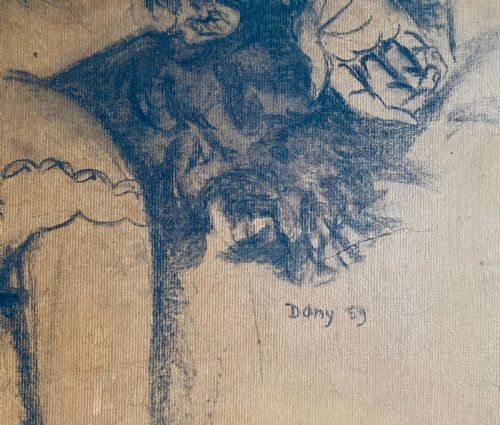 fig 2. Summer Siesta 1959 New Wave period large drawing relaxed young woman daydreaming charcoal on paper on canvas drawing