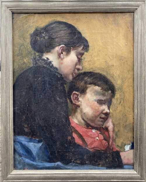 LEARNING TO READ CA 1890 MOTHER AND SON IMPRESSIONIST OIL ON CANVAS - ADDITIONAL PHOTO 1