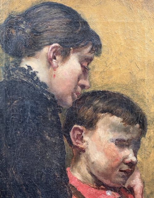 LEARNING TO READ CA 1890 MOTHER AND SON IMPRESSIONIST OIL ON CANVAS - ADDITIONAL PHOTO 3