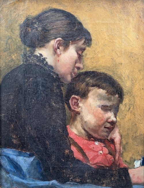 LEARNING TO READ CA 1890 MOTHER AND SON IMPRESSIONIST OIL ON CANVAS - ADDITIONAL PHOTO 4