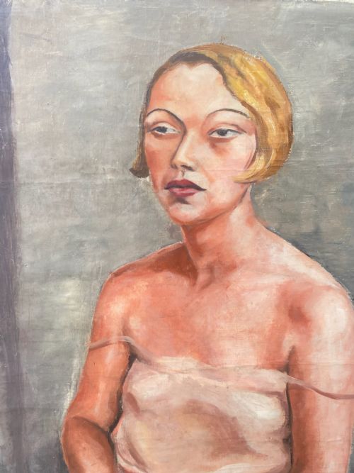 fig 3. An oil painting on canvas depicting a seated 1920s woman with short bobbed hair wearing a pale pink slip dress against a muted grey background.