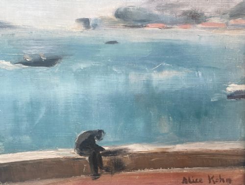 fig 1. An impressionistic oil painting on canvas depicting a seated figure reading along a seafront wall overlooking turquoise waters and distant hills.