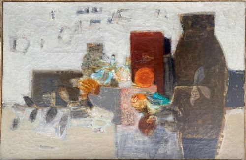fig 1. A large mid-century abstracted oil painting on canvas depicting pottery, flowers, and fruit in shades of brown, terracotta, teal, and off-white.