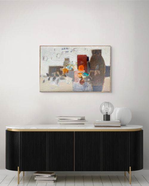 fig 2. A large mid-century abstracted oil painting on canvas depicting pottery, flowers, and fruit in shades of brown, terracotta, teal, and off-white.