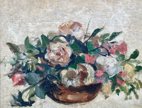A Basket of Roses, Ca 1920: Museum Exhibited French Floral Still Life Post Impressionist Oil on Panel