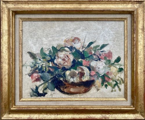 fig 1. A basket of Roses, ca 1920: museum exhibited French floral still life post impressionist oil on panel