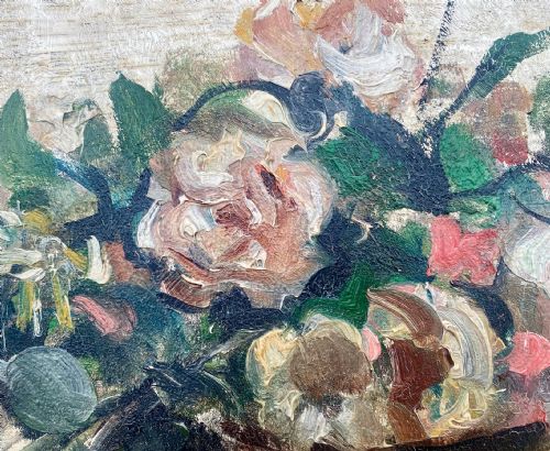 fig 2. A basket of Roses, ca 1920: museum exhibited French floral still life post impressionist oil on panel