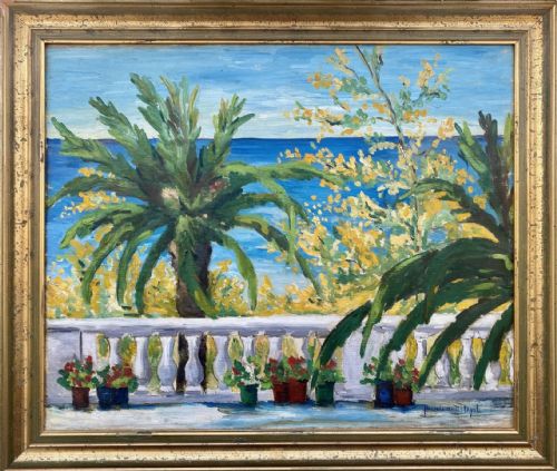 A Patio Overlooking the Sea, Ca 1920, Oran Mediterranean Summer Scene French Woman Artist Oil on Canvas