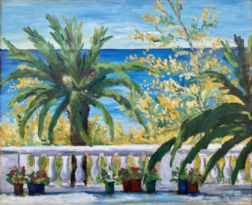 fig 2. A patio overlooking the sea, ca 1920, Oran mediterranean summer scene French woman artist oil on canvas