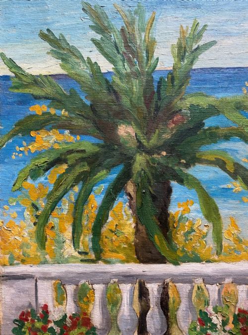 fig 4. A patio overlooking the sea, ca 1920, Oran mediterranean summer scene French woman artist oil on canvas
