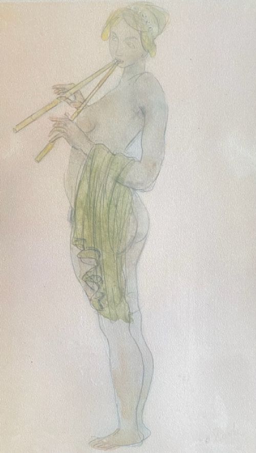 Panpipes, ca 1900: Art Nouveau Symbolist lithograph on paper