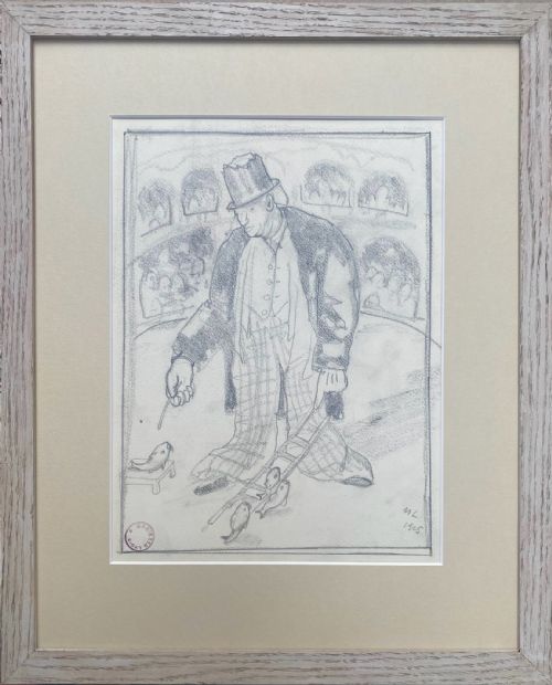 fig 1. A 1920s Surrealist graphite drawing on paper depicting a performer in a top hat interacting with small fish on a miniature ladder inside a circus ring.