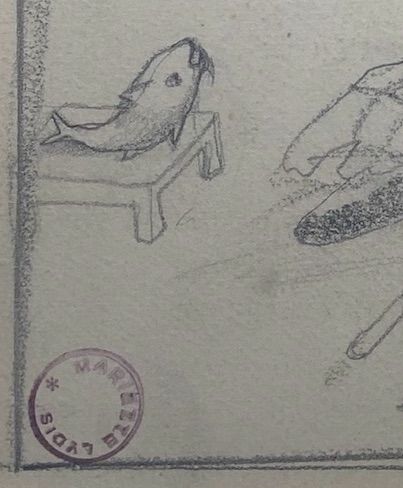 fig 2. A 1920s Surrealist graphite drawing on paper depicting a performer in a top hat interacting with small fish on a miniature ladder inside a circus ring.