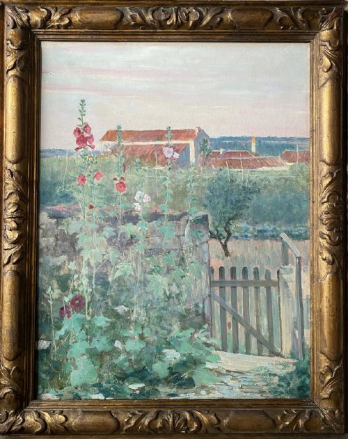 Hollyhocks, the French Country Garden, Ca 1910 Art Nouveau Period Oil on Canvas
