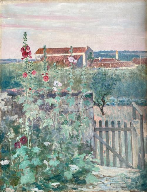fig 1. Hollyhocks, the French Country Garden, ca 1910 art nouveau period oil on canvas
