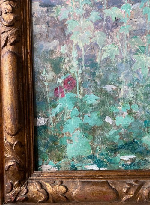 fig 2. Hollyhocks, the French Country Garden, ca 1910 art nouveau period oil on canvas