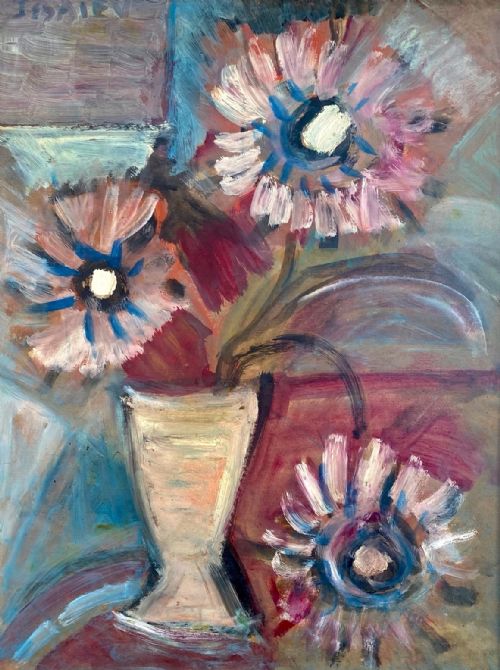 Cubist Flowers, Ca 1950, Abstracted Floral Fauve Still Life by Franco Russian Ukrainian Nicolas Issaiev Oil on Board