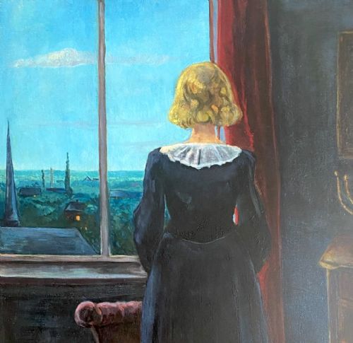 fig 2. An oil on board painting from 1938 depicting a woman in a dark dress standing by a window framed with red curtains and looking out at a town skyline.