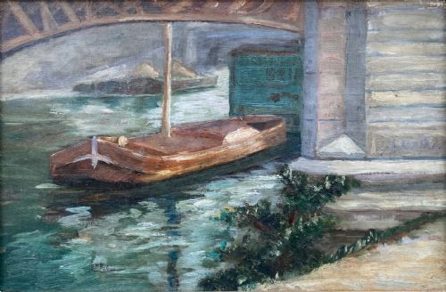 fig 1. An impressionist oil painting depicting a wooden boat moored along the River Seine under a stone bridge, presented in a carved gilded frame.