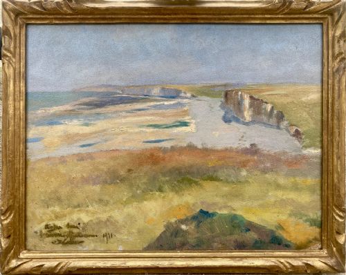 SUMMER IN NORMANDY CLIFFS 1911 THE ALABASTER COAST FRENCH OIL ON BOARD - ADDITIONAL PHOTO 1